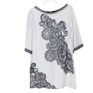 Nanette Lepore White & Black Embroidery Tencel Linen Shift Dress Style 822-189